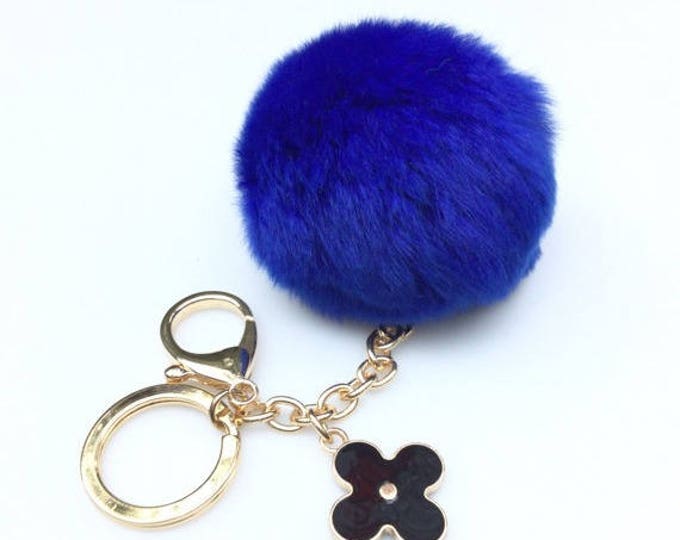 Royal Blue fur pom pom keychain REX Rabbit fur pom pom ball with flower bag charm