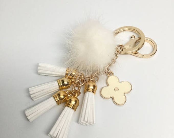 Cute Genuine Mink Fur Pom Pom Keychain with suede tassels and flower charm in White