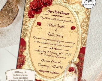 Digital Beauty and the Beast Wedding Invitations - Custom,Personalized - Red & Gold