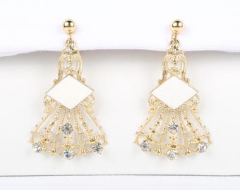 1960s MOD Enamel Diamonds, Gold Tone, Rhinestones, Ornate Open Work Dangle Screw Back Earrings, Excellent VTG Cond, 2-3/8" L x 1-3/8" W