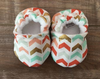 Colorful Chevron Baby Booties, Triangles, Gold Coral Teal, Baby Girl Shoes, Fabric Shoes, Soft Sole Shoes, Trendy, Baby Shower Gift