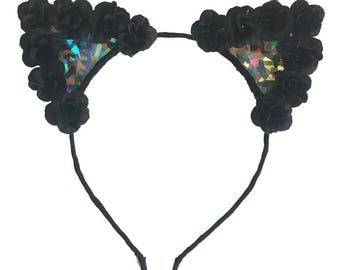Holographic Kitties, Cat Ears, Flower Crown, Flower Cat Ears, EDC, Flower Headband, Floral Cat Ears, Kitty Ears, Rave