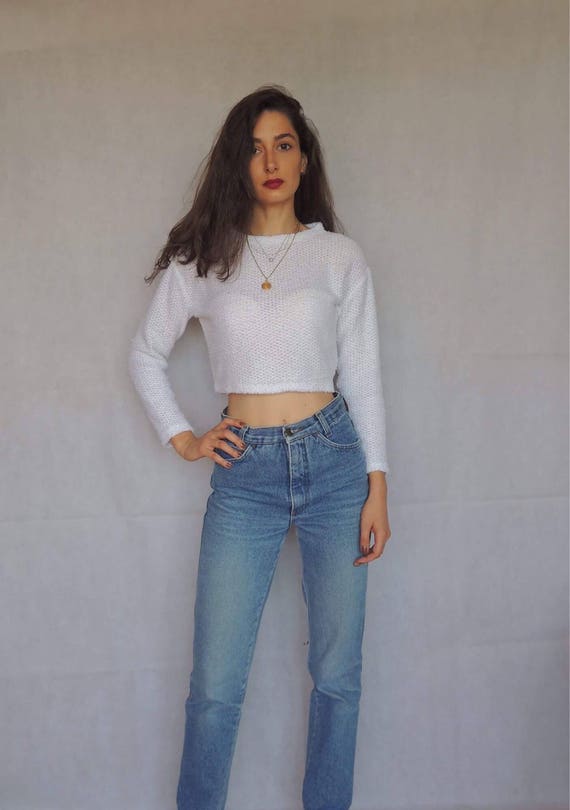 90s Vintage White Fuzzy Cropped Sweater