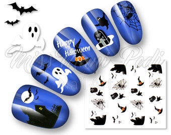 Halloween Nails, Nail Decals, Water Decals, Nail Stickers, Haunted House, Witches Hats, Ghosts, Ghouls, Grave, Boneyard, Spiders, Webs K189