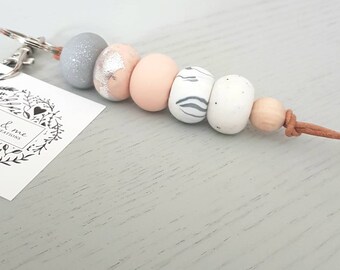 Keyring, pink silver and granite keyring, clay keyring, clay accessories, polymer clay, leather keyring, bag tag, beaded keyring,