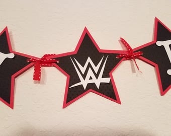 WWE Birthday Party, WWE Birthday Banner, Red Black and White Birthday Banner, Star Banner