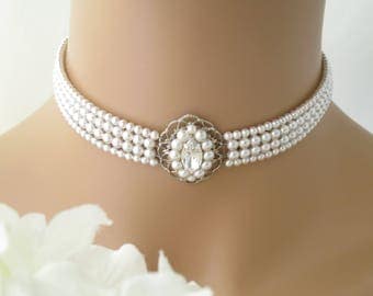 Wedding choker, Swarovski multi-strand pearl necklace, Vintage style bridal choker, Crystal and pearl wedding jewelry, Pearl necklace