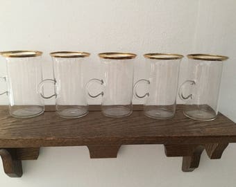 Set of 5 CLEAR Glass Gold Rim Irish Coffee Mugs Thin Light Weight Gold Trim Coffee Mugs Vintage Delicate Clear Glass Mugs