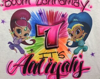 Airbrush T shirt, Shimmer and shine birthday shirt, shimmer and shine invitation, shimmer and shine birthday outfit, shimmer and shine shirt