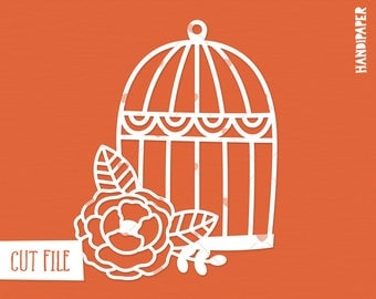 Bird cage with flower cut file (svg, dxf, png, eps) for use with Silhouette, Cricut, in paper crafting, scrapbooking projects, card making.