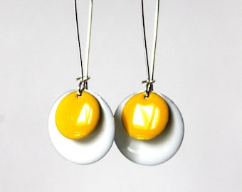 Sequin white yellow enamel earrings