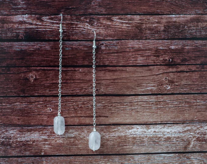 Rose quartz earrings, Very long dangle earrings, Long chain earrings, Candy earrings / 925 sterling silver ear wires
