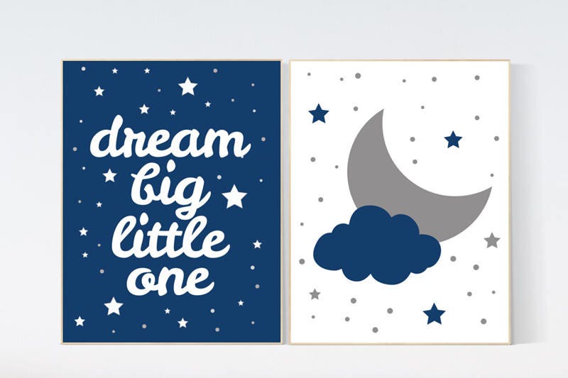 Baby boy nursery set, Moon and stars nursery, navy blue nursery decor