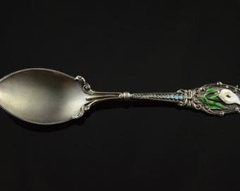 Enamel Floral Motif Serving Spoon Sterling Silver