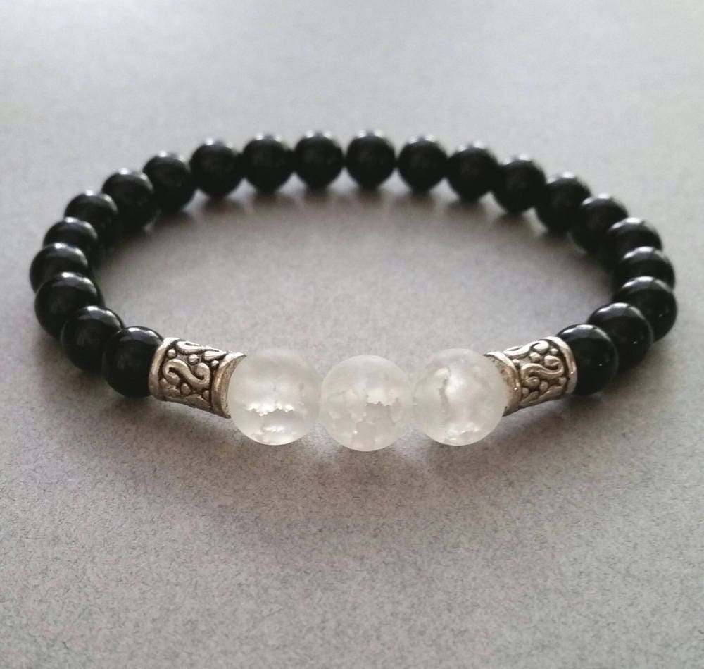 Men's Onyx/Quartz Crystal Gemstone Beaded Bracelet/