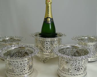 Suite Five Antique English Silver Plated Wine / Champagne Coasters or Holders c.1900
