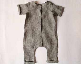 Handmade grey linen romper. Unisex romper. Rolled hem romper. Summer romper. Boys romper. Toddler romper. Baby boy romper. Girls romper.