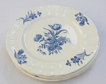 Set of Four Vintage Société Ceramique Maestricht 'Fleuron' Breakfast Plates, Blue Flower Decor, Holland