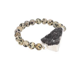On Sale Druzy stretch bracelet, dalmatian jasper bracelet, drusy bracelet, jasper jewelry, beaded bracelet, sterling silver, stacking bracel