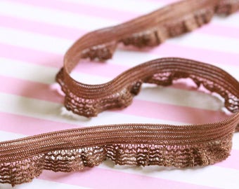 5yds 9/16" Ruffled Chocolate Brown Net Stretch Elastic Lace Trim|Brown Mesh Stretch Ruffle Lace Elastic Sewing Trim|Lingerie Headband DIY