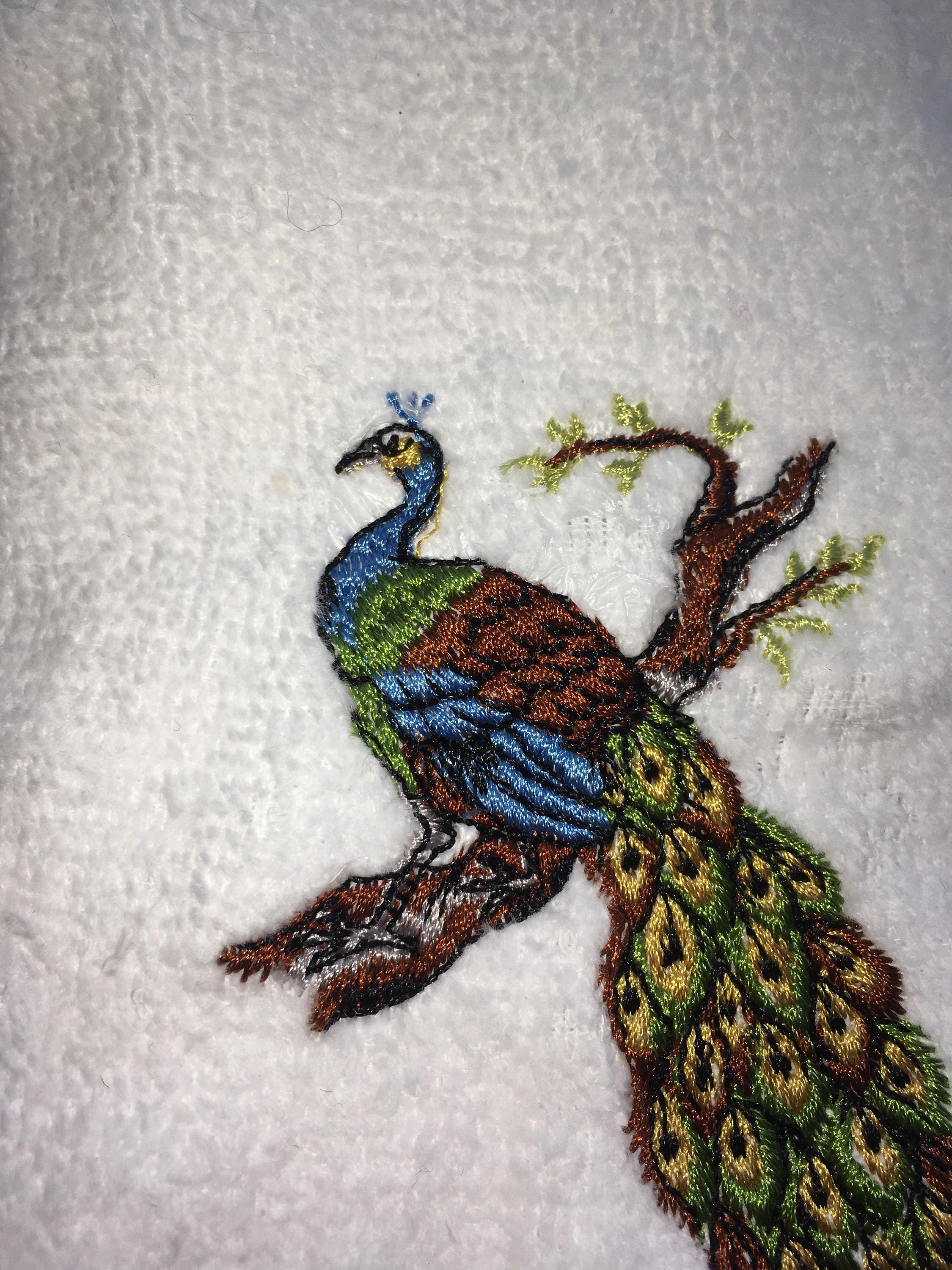 Peacock embroidered hand towel bird peafowl nature design