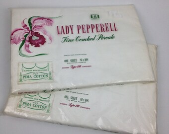 Vintage 2pc LOT Sealed Lady Pepperell Full Flat Bed Sheets Combed Percale NOS White Cotton