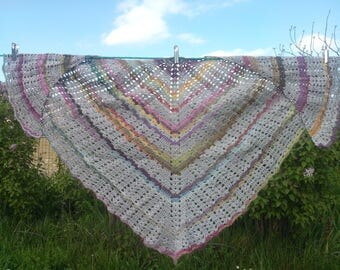 Decorative stitches in grey and multicolor crochet shawl