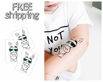 Set of 3 temporary tattoos « Rad rabbit». Hipster style kids body stickers with bunny in sunglasses. Spring festival party favors. TT216