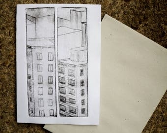 Hand printed Buildings diptyque greeting card