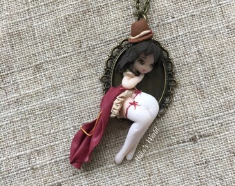 Burgundy chibi steampunk necklace on a bronze - kawaii polymer clay pendant