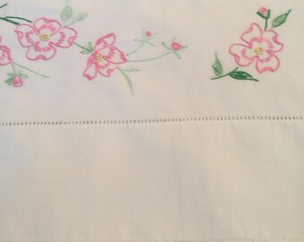 Vintage pillowcase with embroidery-pink and white crochet trim