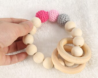Wooden Teething Bracelet, Wooden Baby Toy, Wooden Teething Bracelet, Crochet Teething Ring, Wood Teething Ring, Baby Shower Gift