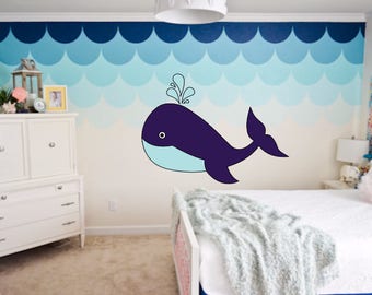 Big Whale Wall Decal, Whale Decal Set with water, Nursery Wall Decor, Whale Sticker, Yeti Decal