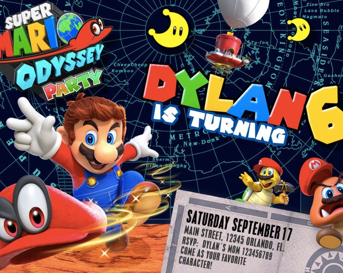 Birthday Invitation Super Mario Odyssey - We deliver your order in record time! Less than 4 hours! Mario Odyssey Party. Mario Party 2017.