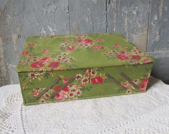 Fabric covered Box Antique French Work Box Flower Pattern Roses sewing box jewelry box trinket French Antique Paris Boudoir roses birds