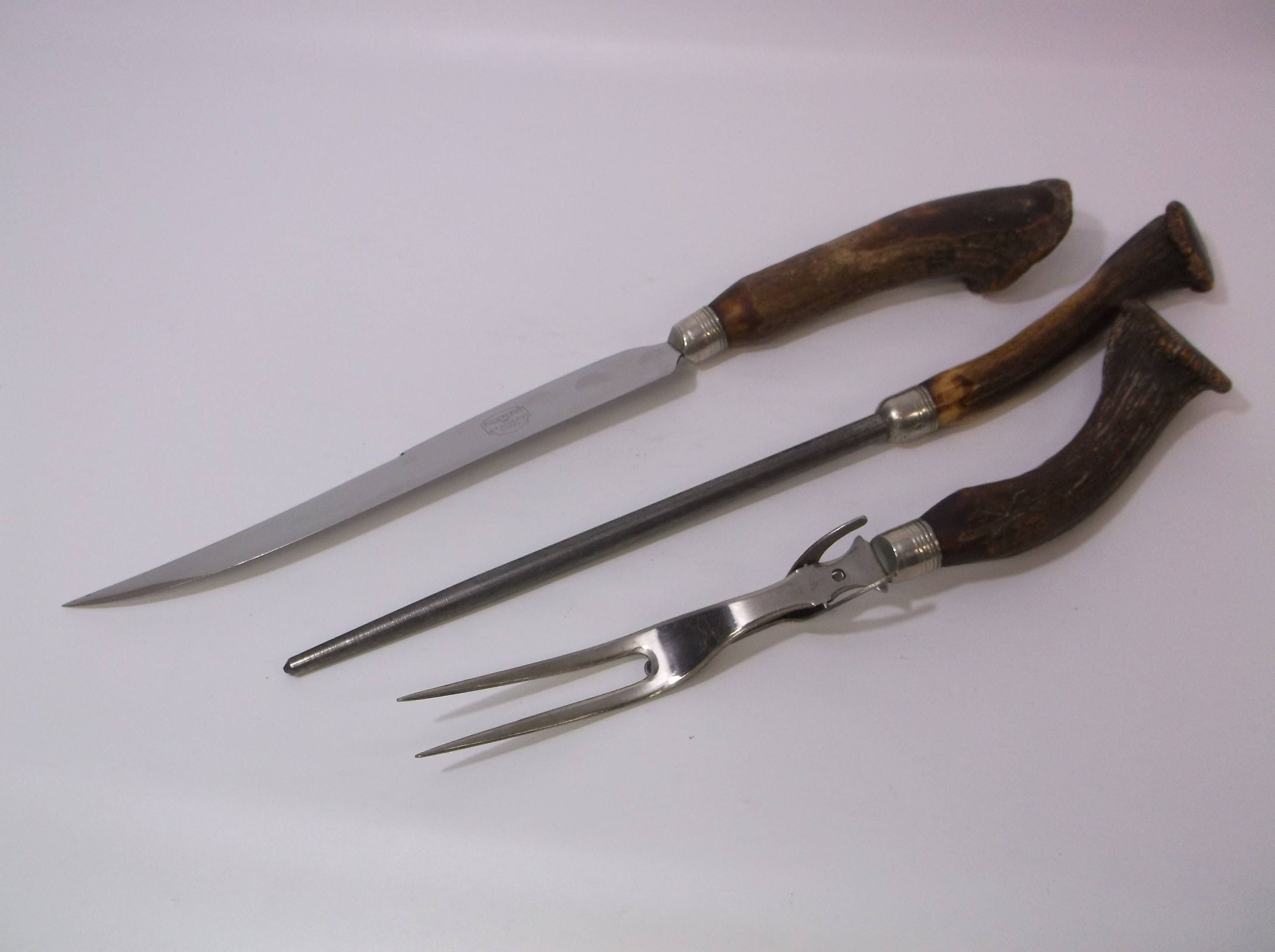 3 Piece Vintage Carving Set Antler Handles Knife Fork Steel