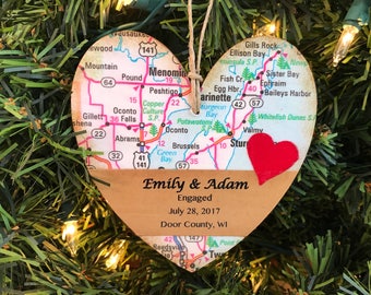 Personalized Engagement Ornament, Newly Engaged Ornament, Engagement Gift For Couple, Wedding Shower Gift, Engagement Date, Map Ornament