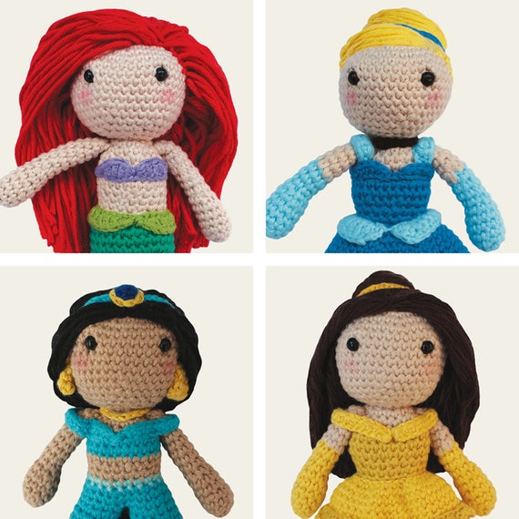 Disney Princess: Ariel, Cinderella, Jasmine & Belle. Little Mermaid, Aladdin, Beauty and the Beast, Classic Amigurumi Pattern, DIY, Crochet