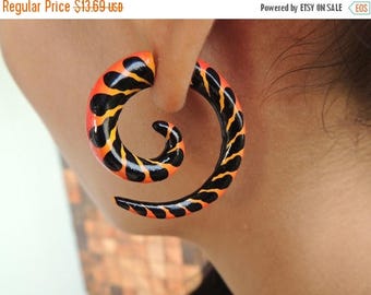 ON SALE Orange & Black Painted Curls Fake Gauges Earrings - Free Shipping
