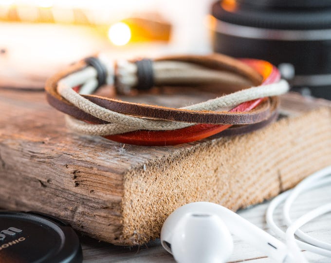 Brown & red genuine leather and beige waxed cord bracelet, mens bracelet, brown leather bracelet, waxed cord bracelet, casual bracelet
