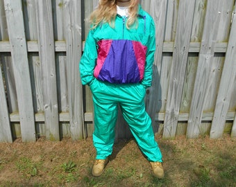 Vintage 90s Color Block Nylon Jacket Pants Two Piece Pullover Green Pink Purple Track Jogging Retro Hipster Hip Hop Suit Womens Size Medium
