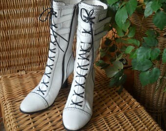 white lace up granny boots
