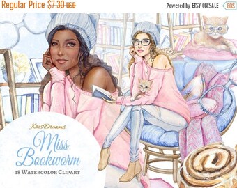 SALE 50% OFF Book Lover Fashion Clip Art, Watercolor Clip Art, Bookworm, Woman Fashion Illustration, Cat Lover, Coffee Lover, Pink, Blue, Pa