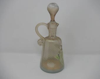 Old Glass Carafe Irisé, enamelled, numbered signed