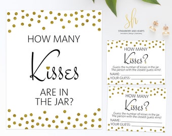 Printable Bridal Game, Guess How Many Kisses, Gold Confetti, Gold Glitter, Bridal Shower Game, Wedding Shower Game, Instant Download, SH08