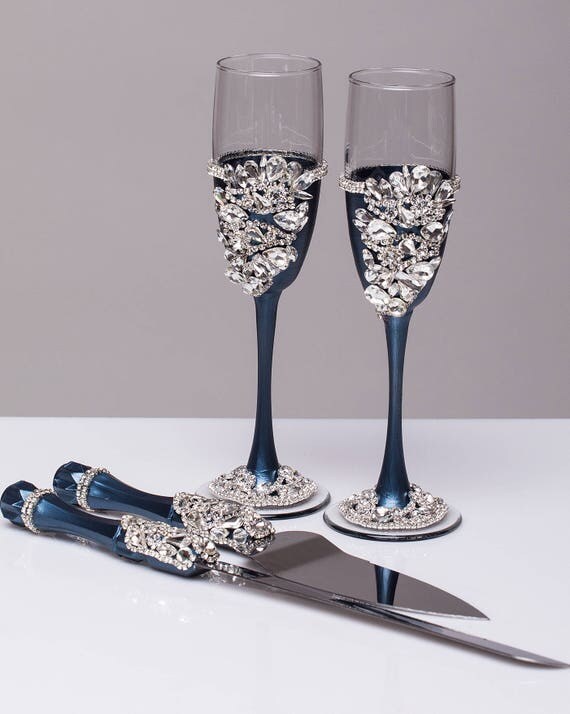 NAVY SILVER wedding glasses and cake server set NAVY flutes