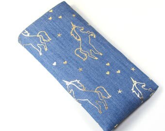 UNICORN Fabric bag, Sunglasses case, Eyeglasses bag, Fabric bag, Unicorn fabric case, Stars fabric bag, Golden stars bag, Blue jeans bag