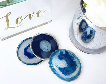Blue agate coasters. Boho decor agate slice handmade with gold leaf edging. Bohemian home decoration. Price per coaster