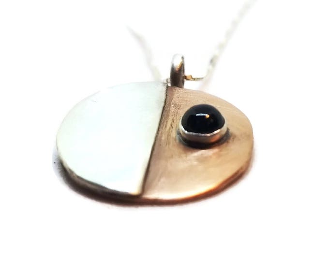 Mixed Metal Black Onyx Pendant, Sterling Silver and Copper Gemstone Necklace, One of a Kind, Unique Birthday Gift, Gift for Her