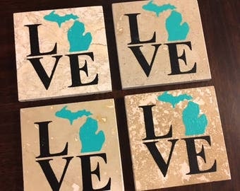 Michigan Love Coasters Set of 4 Teal and Black